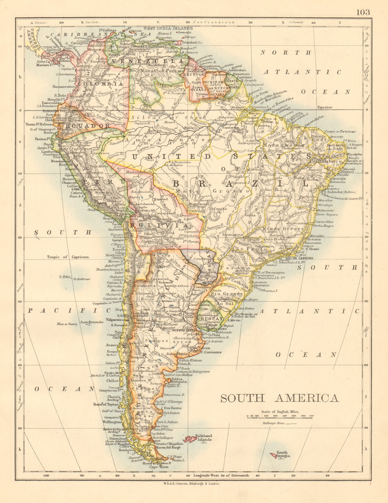 SOUTH AMERICA Bolivia includes Acre, now in Brazil JOHNSTON 1892 old map